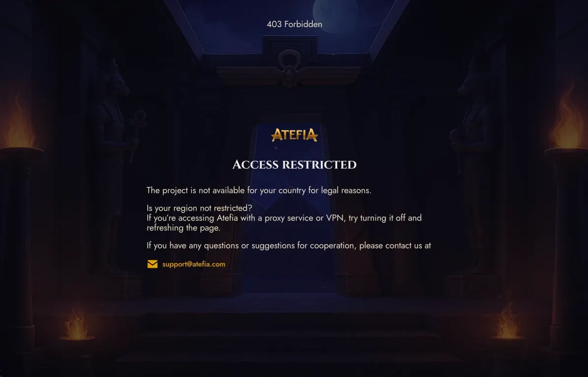 Atefia desktop site showing an access restricted notice from a UK connection