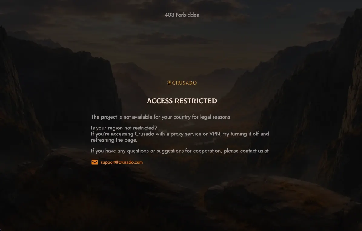 Crusado desktop site showing an access restricted notice from a UK connection