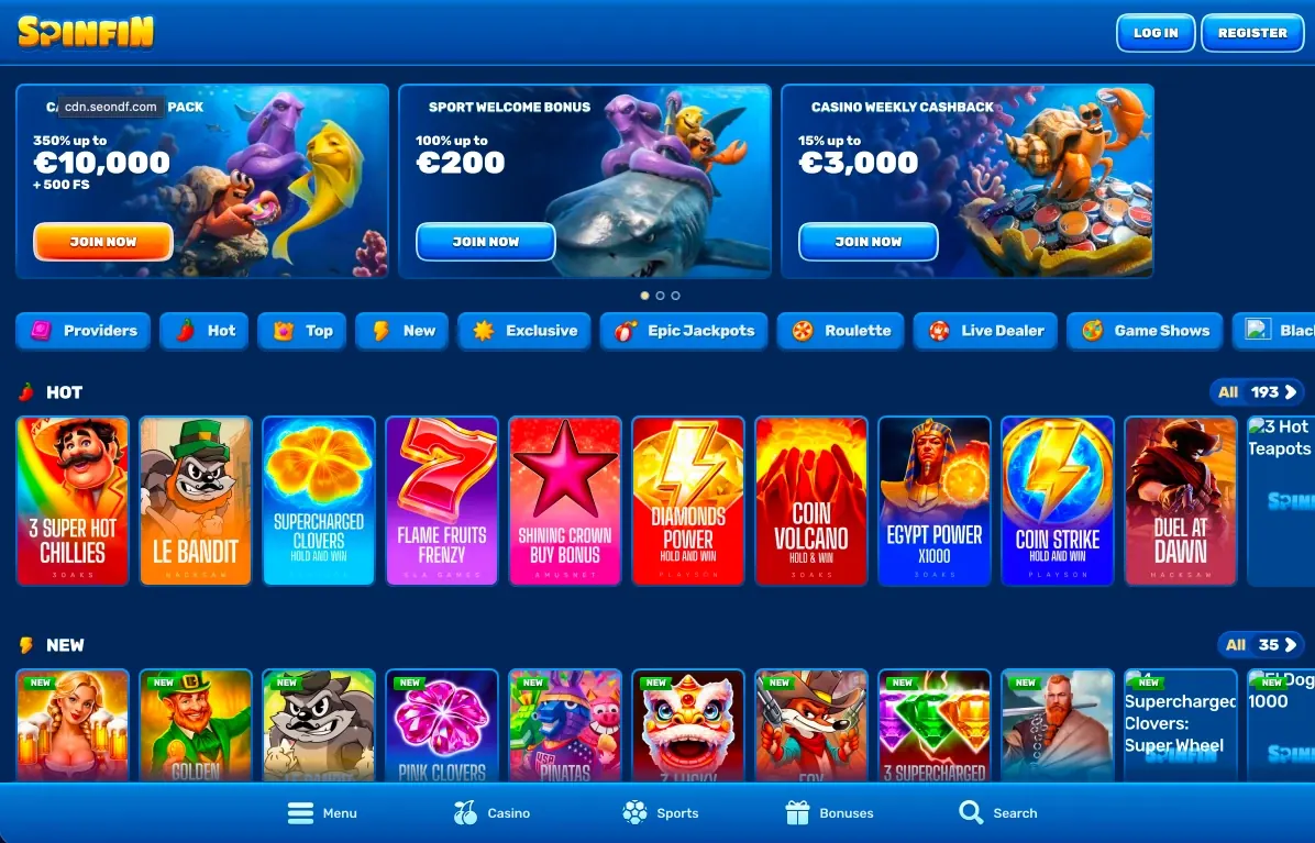 Spinfin desktop site lobby from a UK connection