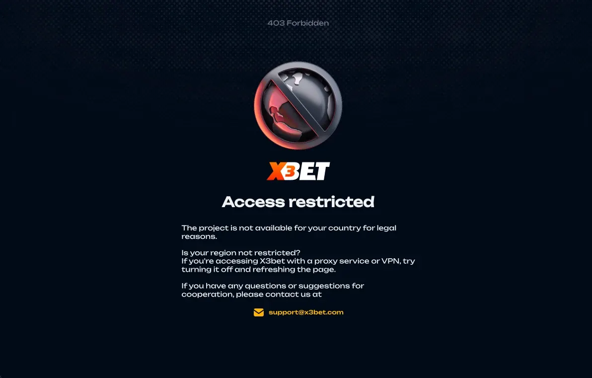 X3bet desktop site showing an access restricted notice from a UK connection