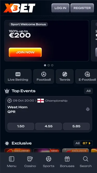 X3bet mobile lobby as seen from the UK